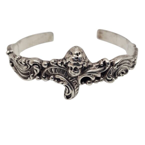 Solid Sterling Silver Cuff Embossed Cherub Angel Bracelet Victorian Revival 24g - Picture 1 of 12